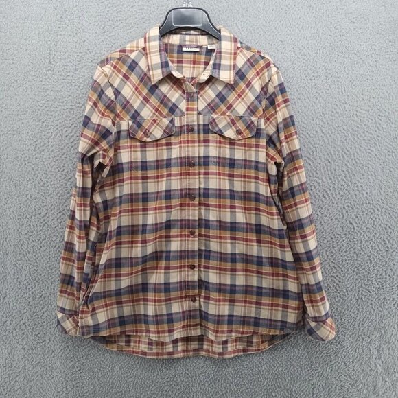 LL Bean Shirt Womens Medium Brown Beige Cabin Stretch Flannel Plaid Pockets 5083 - Picture 1 of 11